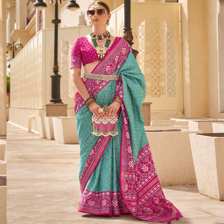 Pink & sky blue  Slik Casual Saree