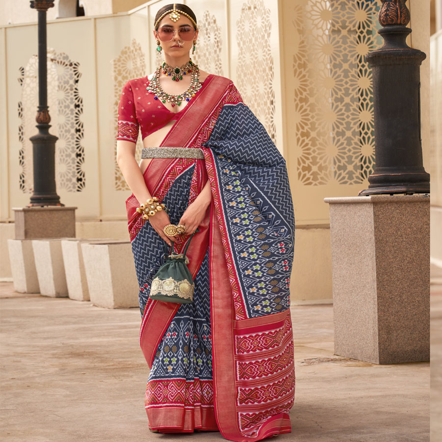 Red & blue  Slik Casual Saree