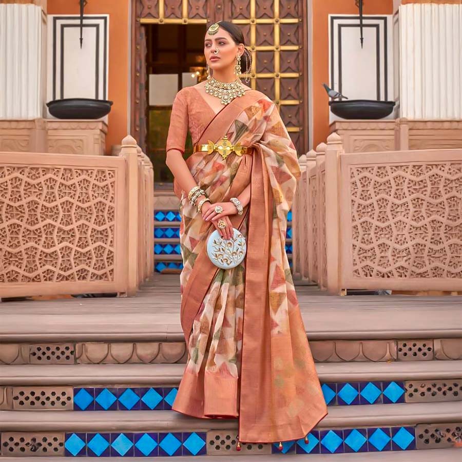 Orange  Organza Casual Wear Saree