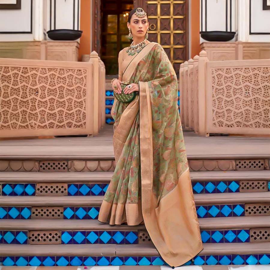 Green  Organza Casual Wear Saree