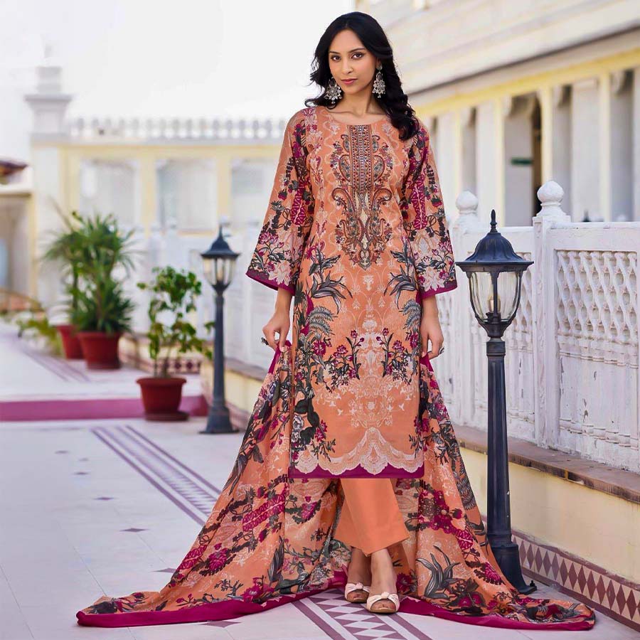 Orange  Lawn Cambric Printed Salwar Kameez