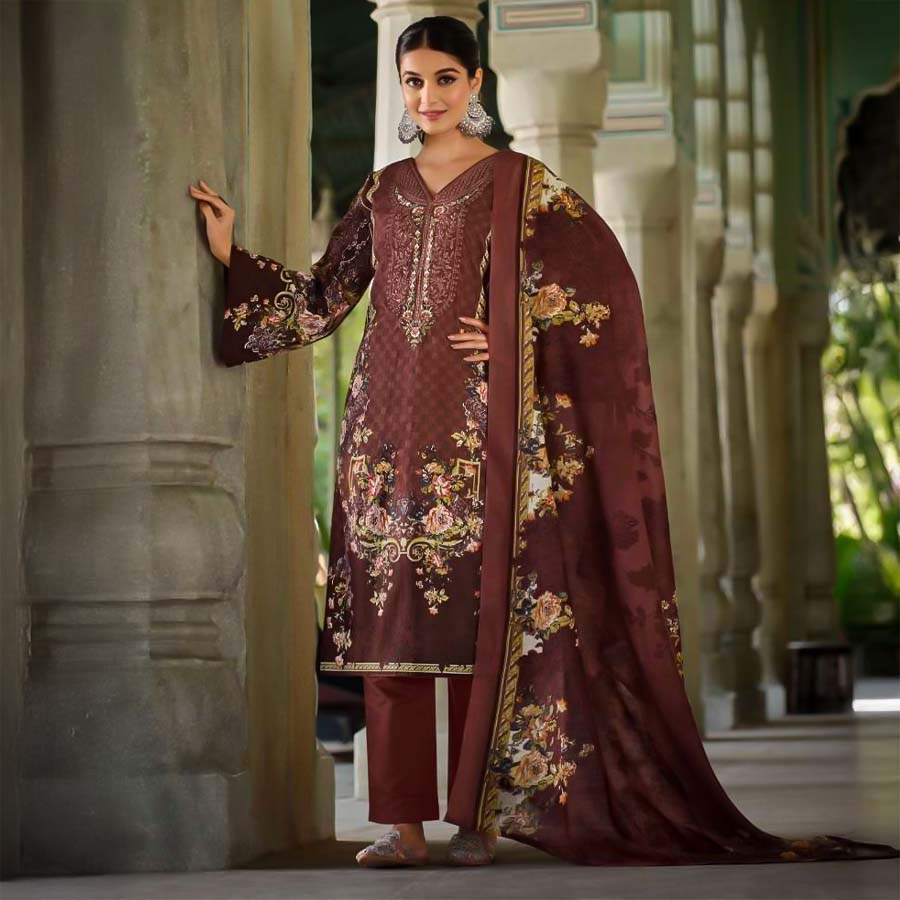 Brown Cotton Printed Salwar Kameez