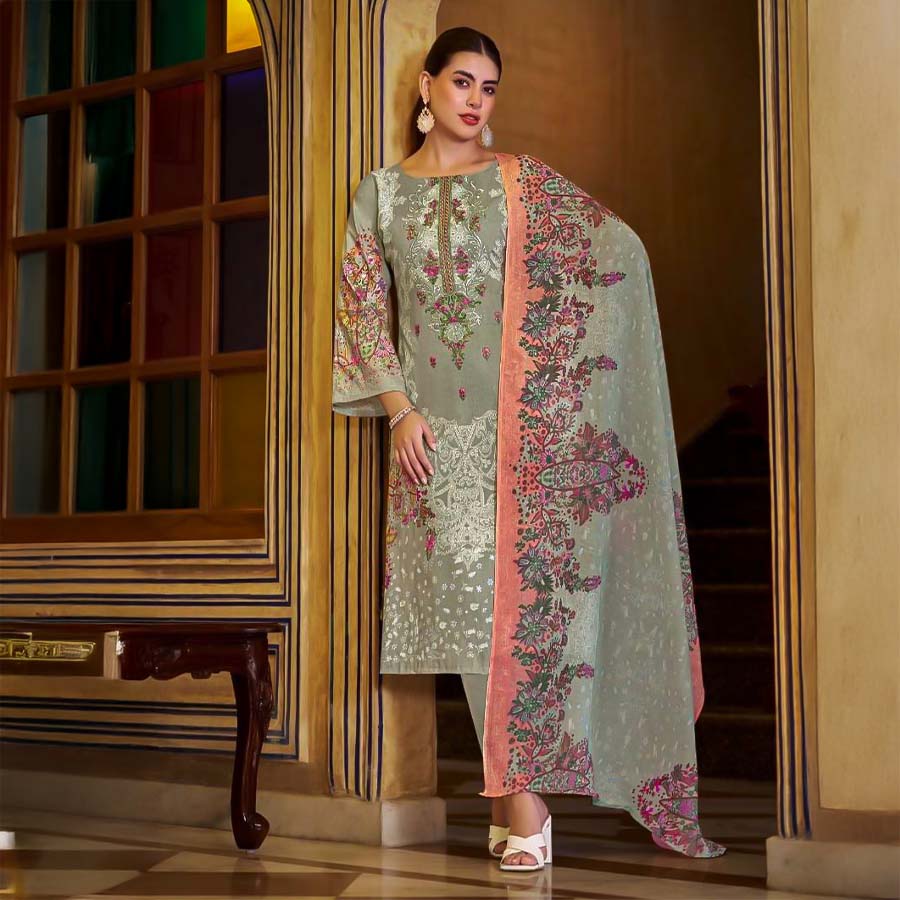 Grey Cotton Printed Salwar Kameez