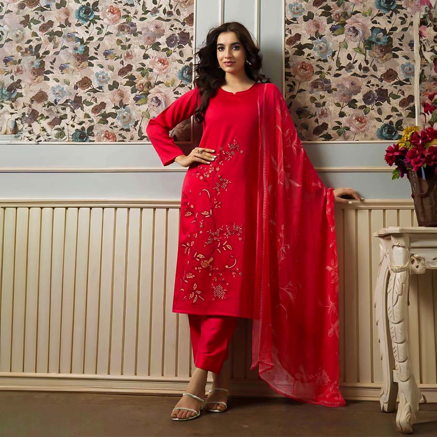 Red Jam Satin Casual Wear Salwar Kameez
