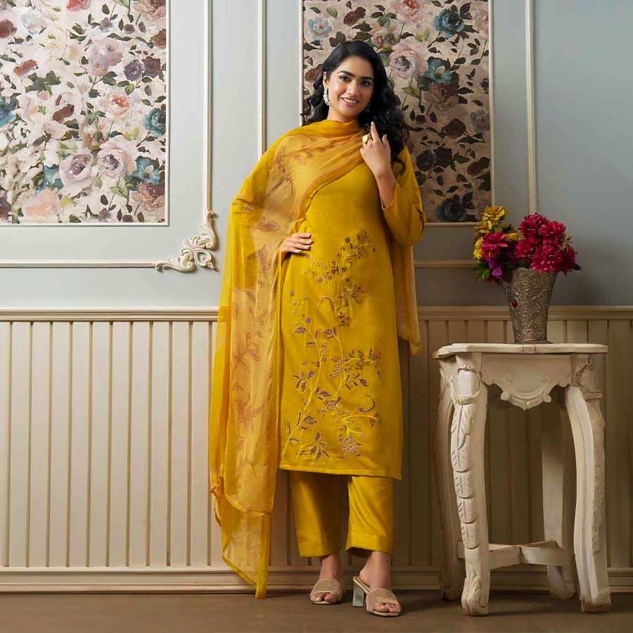 Yellow Jam Satin Casual Wear Salwar Kameez