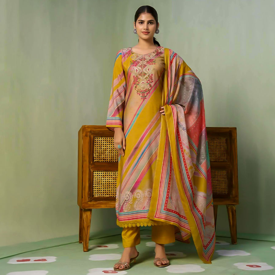 Yellow Muslin Casual Wear Salwar Kameez