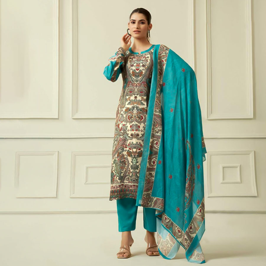 Sky Blue Viscose Muslin Casual Wear Salwar Kameez