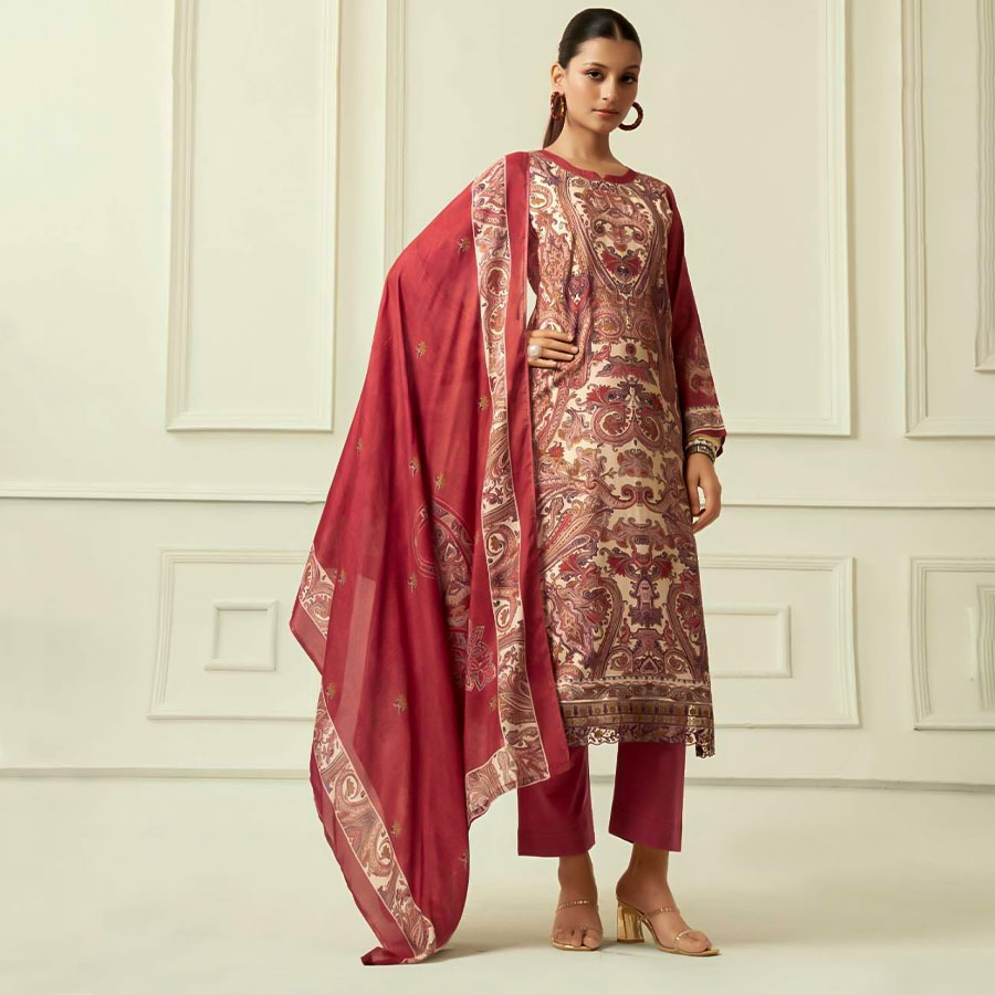 Red  Viscose Muslin Casual Wear Salwar Kameez