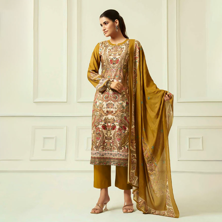 Yellow Viscose Muslin Casual Wear Salwar Kameez