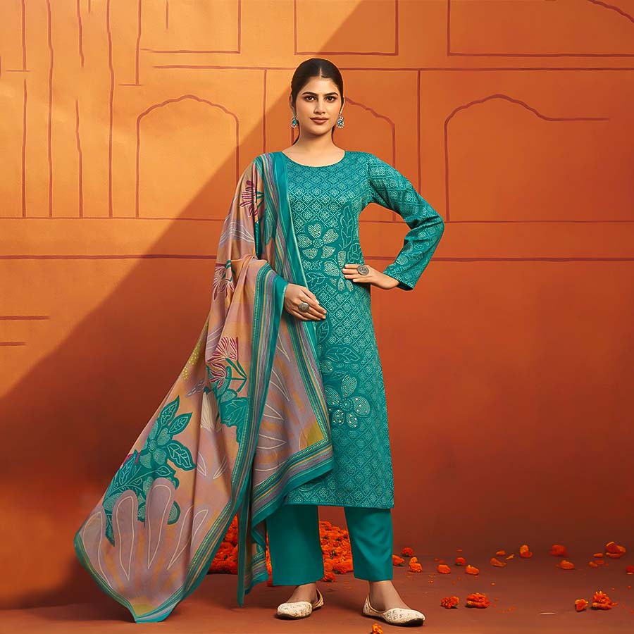 Cyan Jam Satin Casual Wear Salwar Kameez