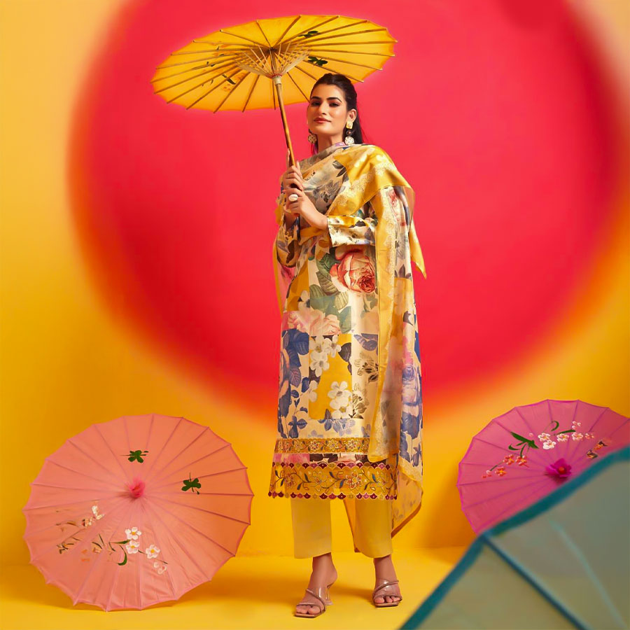 Yellow Jam Satin Casual Wear Salwar Kameez
