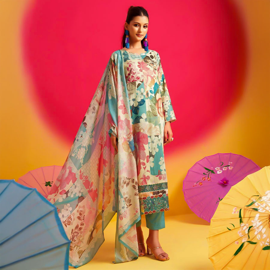 Cyan Jam Satin Casual Wear Salwar Kameez