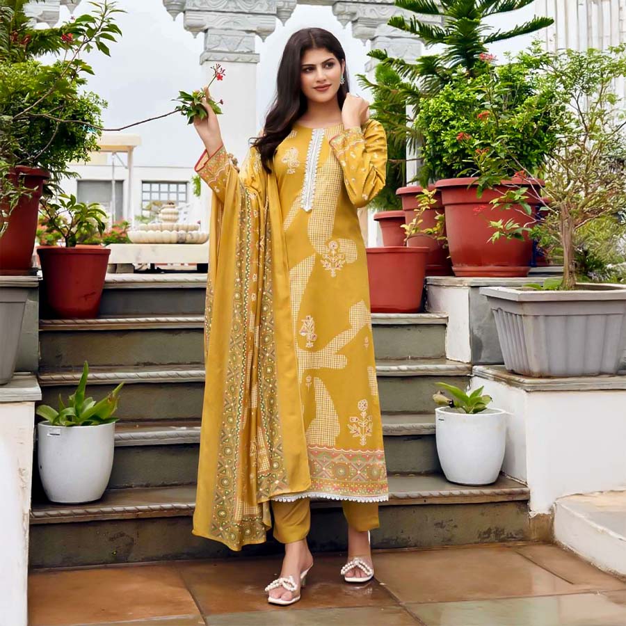 Yellow Cotton Jam Satin Casual Wear Salwar Kameez