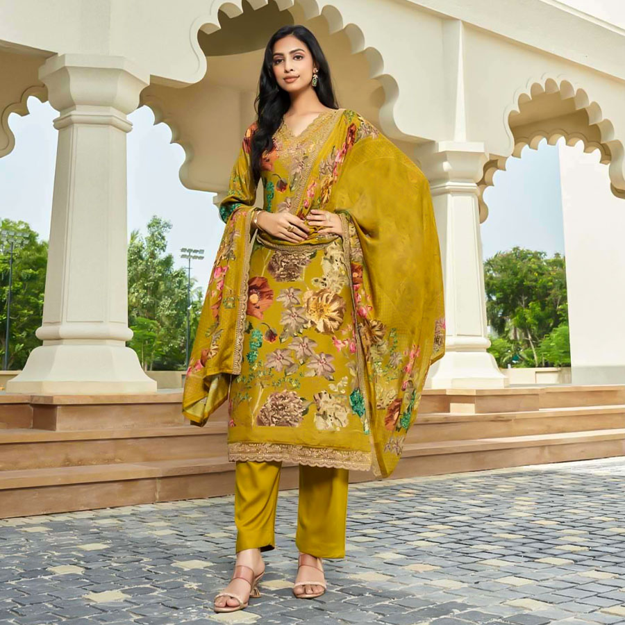 Yellow  Viscose Muslin Party Wear Salwar Kameez