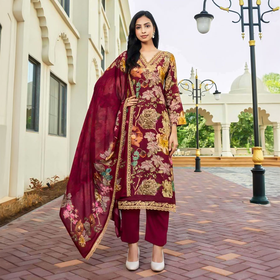 Red  Viscose Muslin Party Wear Salwar Kameez