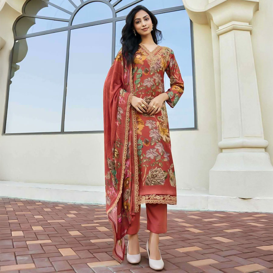 Red  Viscose Muslin Party Wear Salwar Kameez