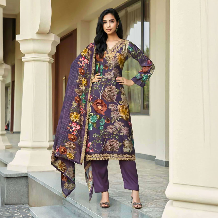 Violet Viscose Muslin Party Wear Salwar Kameez