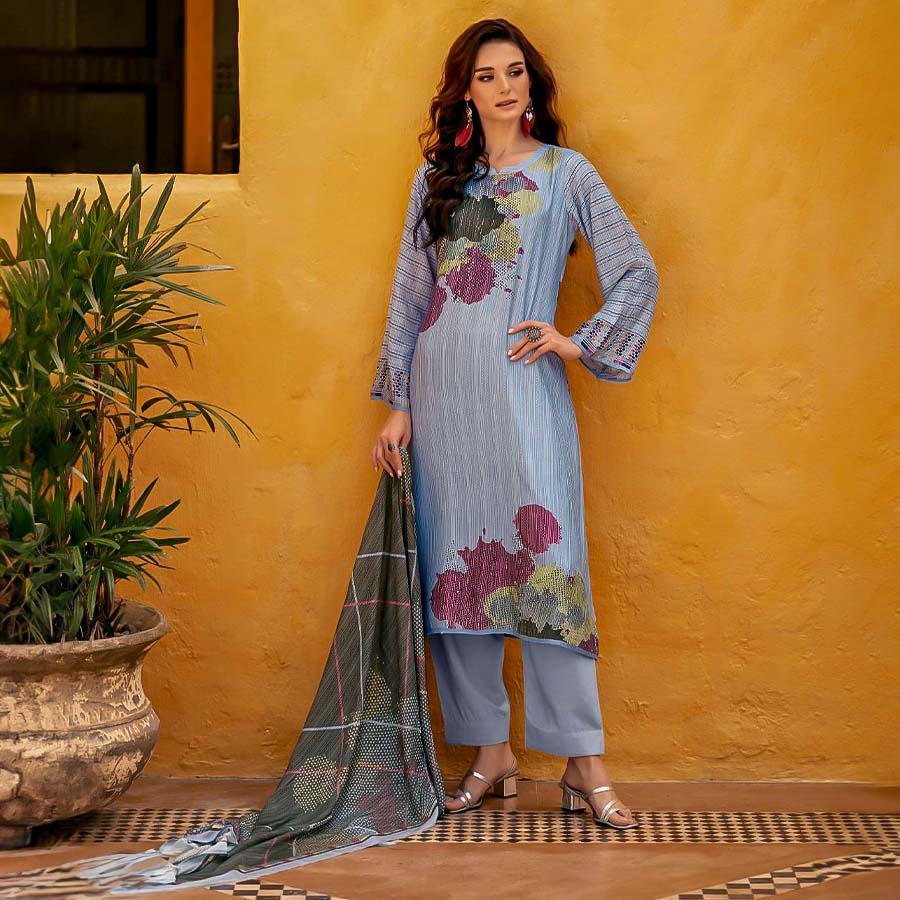 Blue Muslin Silk Casual Wear Salwar Kameez