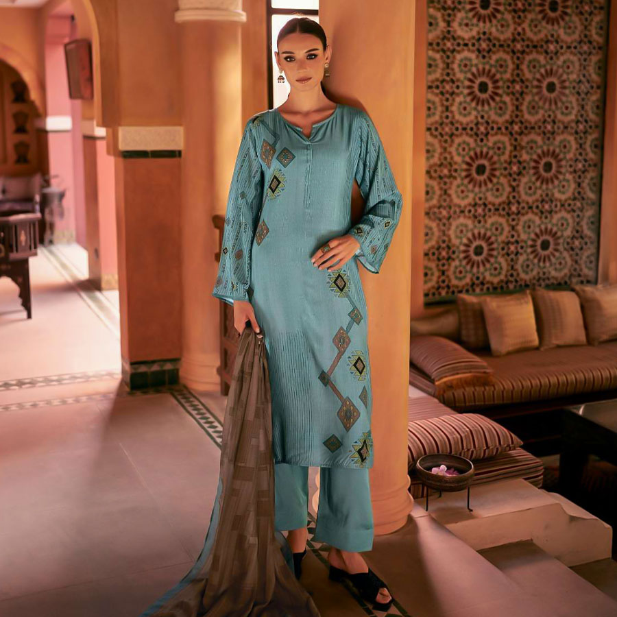 Blue  Muslin Silk Casual Wear Salwar Kameez