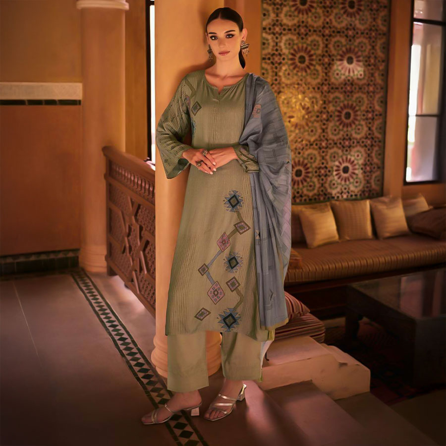 Green Muslin Silk Casual Wear Salwar Kameez