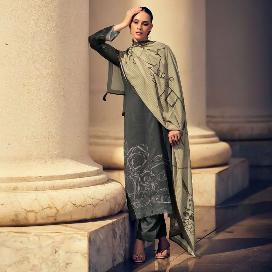 Grey  Jam Cotton Casual Wear Salwar Kameez