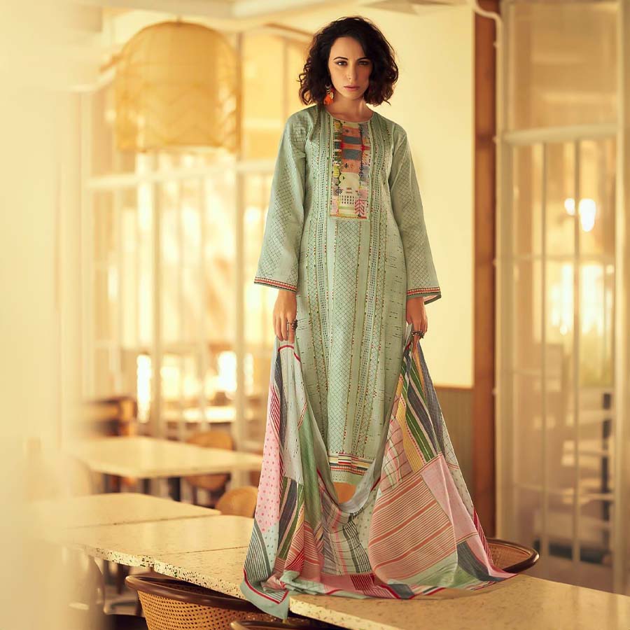 Green Jam Cotton Casual Wear Salwar Kameez