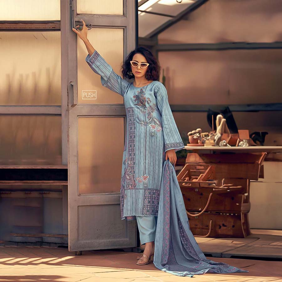 Blue  Jam Cotton Casual Wear Salwar Kameez