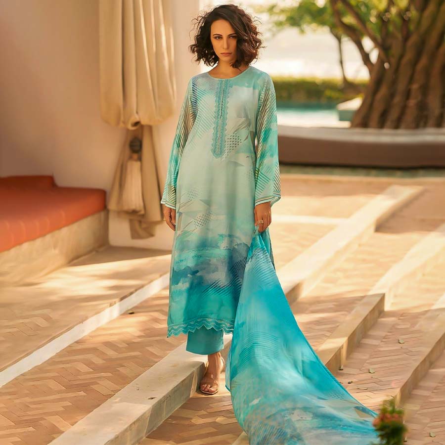 Sky Blue Muslin Silk Casual Wear Salwar Kameez