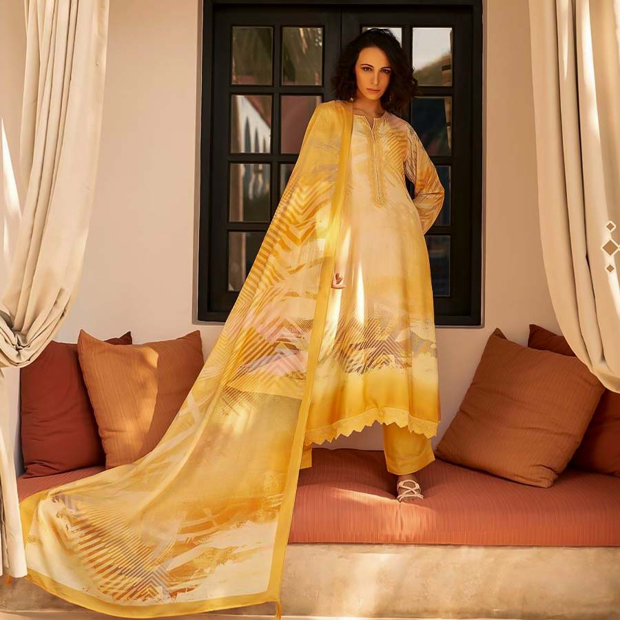 Yellow Muslin Silk Casual Wear Salwar Kameez