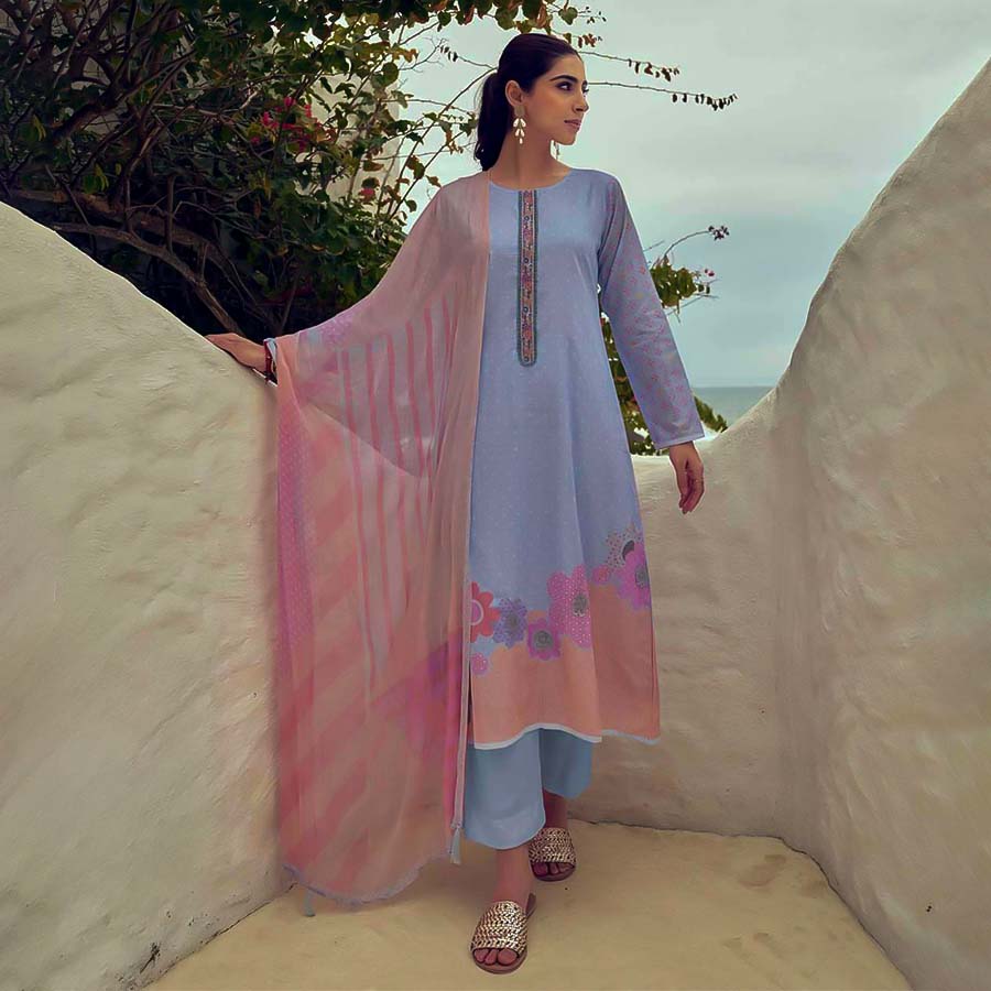 Blue Lawn Cotton Casual Wear Salwar Kameez