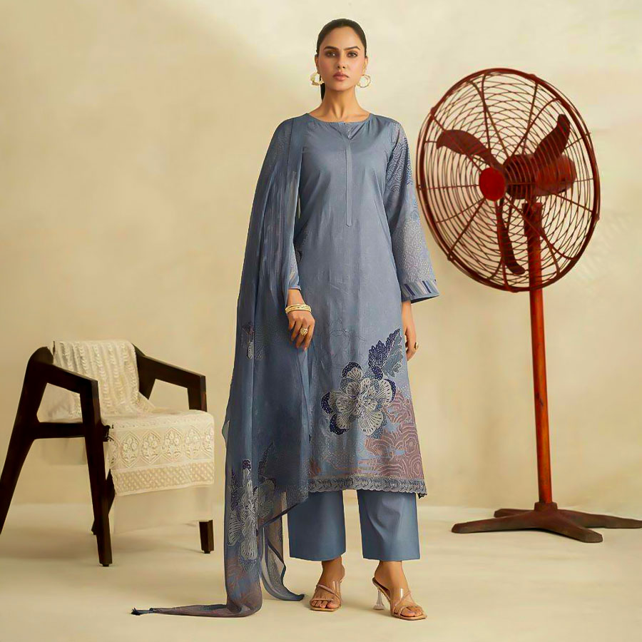 Blue Lawn Cotton Casual Wear Salwar Kameez