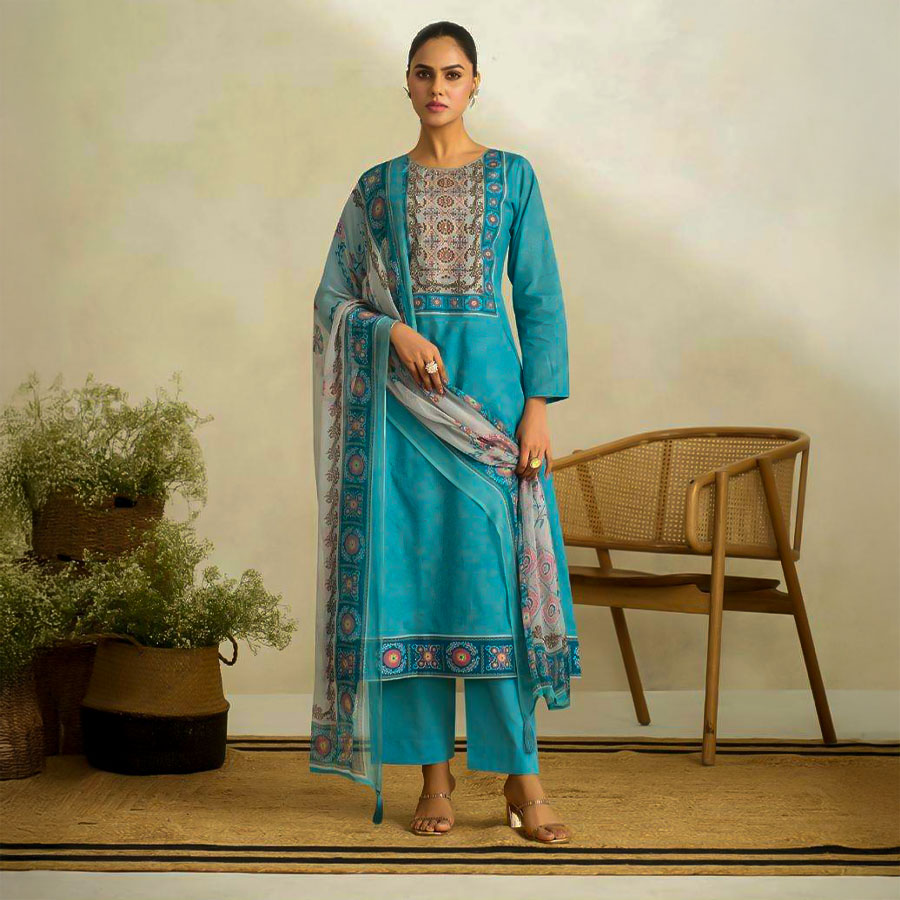 Blue Lawn Cotton Casual Wear Salwar Kameez