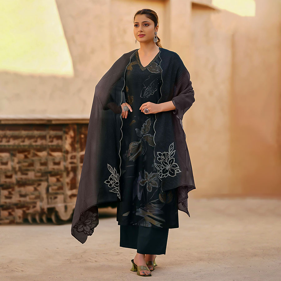 Black  Russian Silk Designer Salwar Kameez