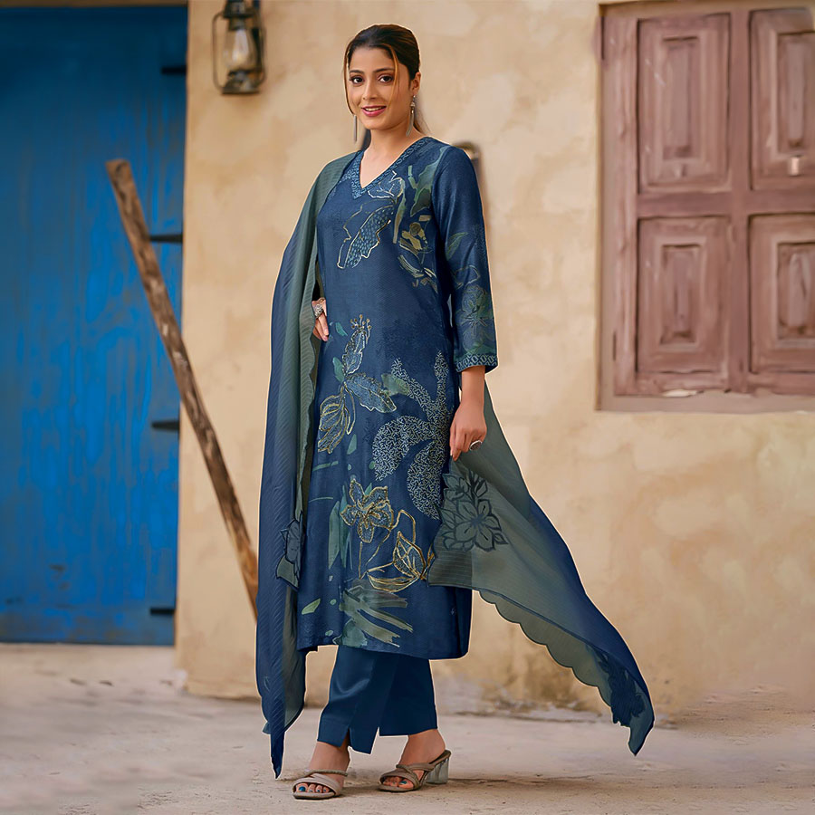 Blue Russian Silk Designer Salwar Kameez