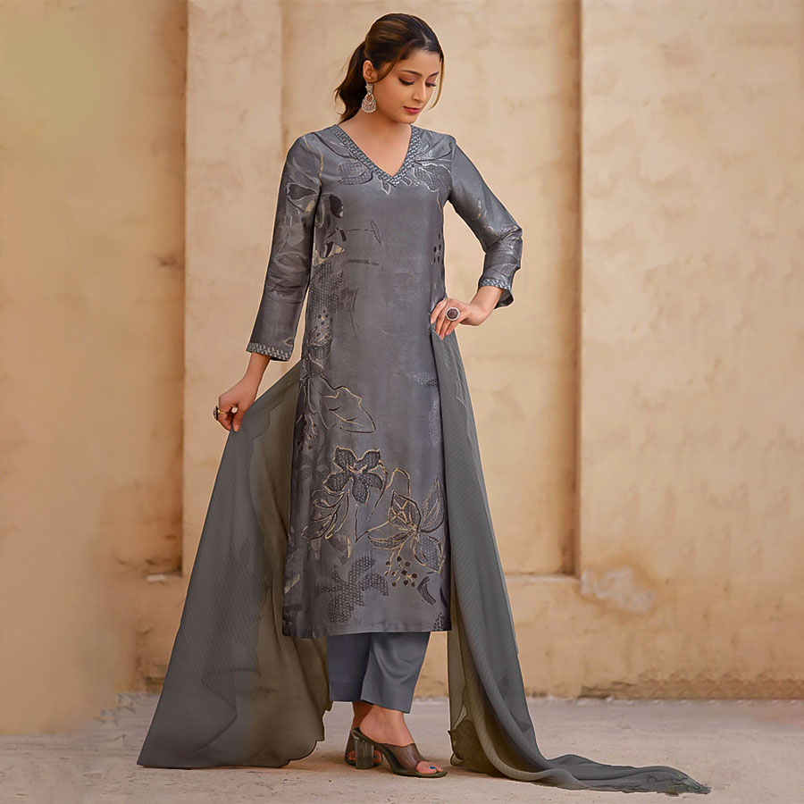 Grey Russian Silk Designer Salwar Kameez