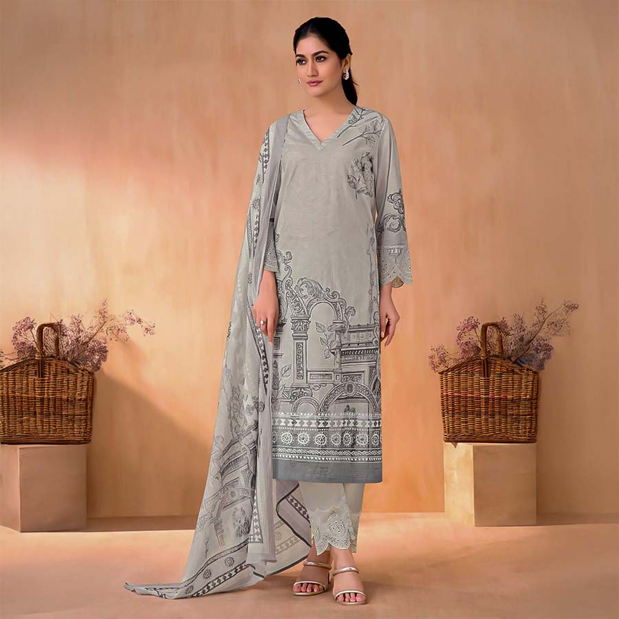 Grey Cotton Lawn  Party Wear Salwar Kameez