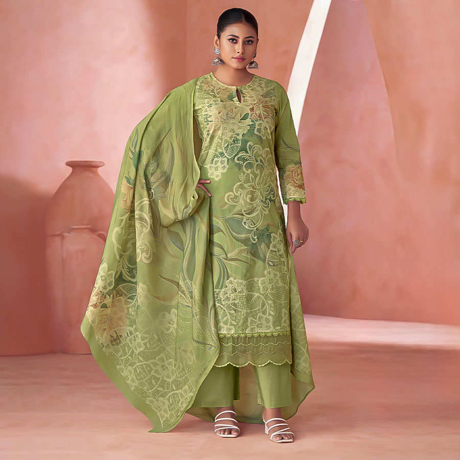 Green Cotton Lawn Party Wear Salwar Kameez