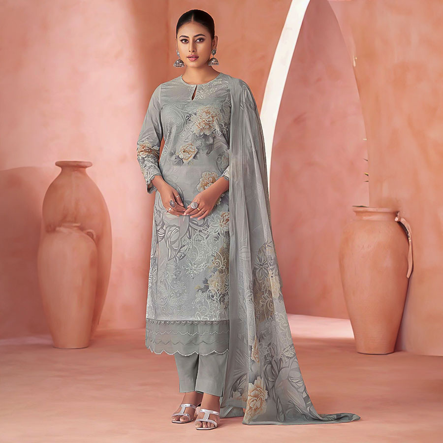 Grey Cotton Lawn Party Wear Salwar Kameez