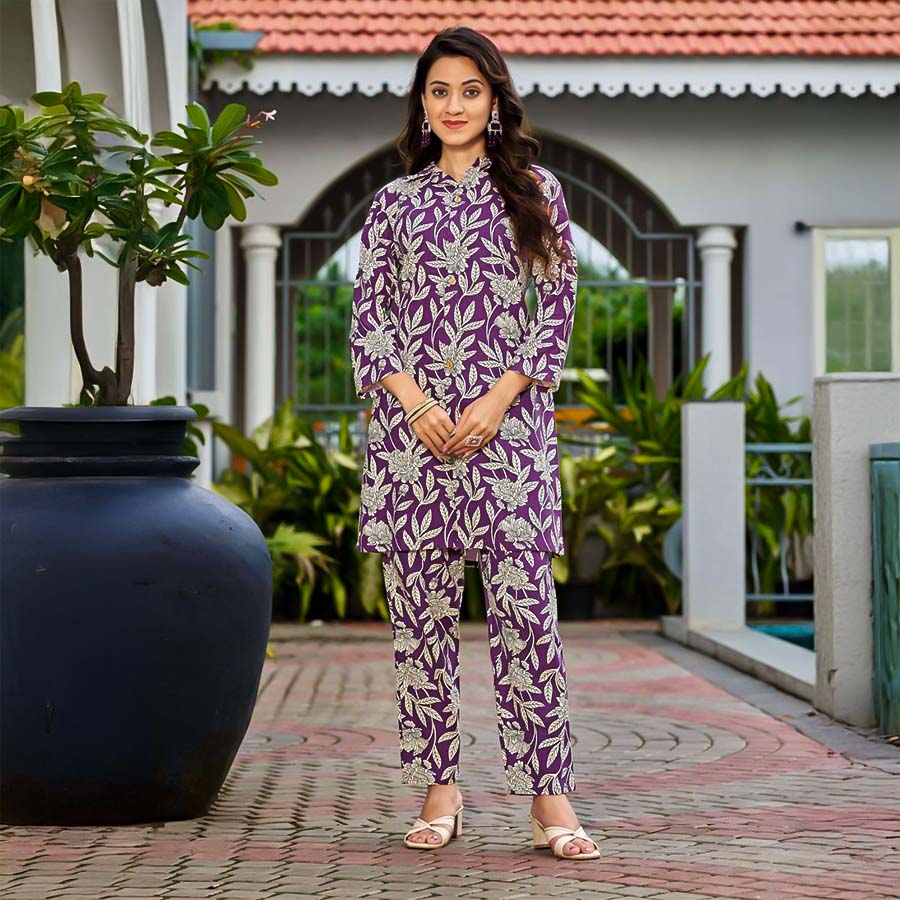 Purple Cotton Flex Printed Kurti