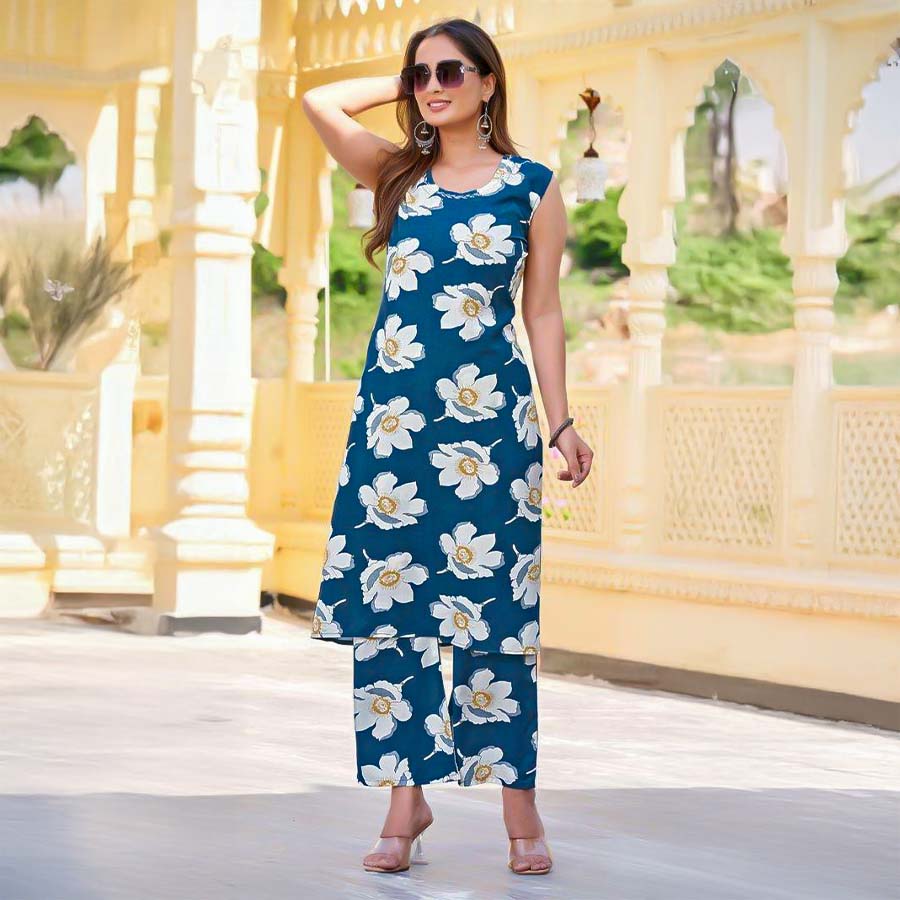 Blue Rayon Print Printed Kurti