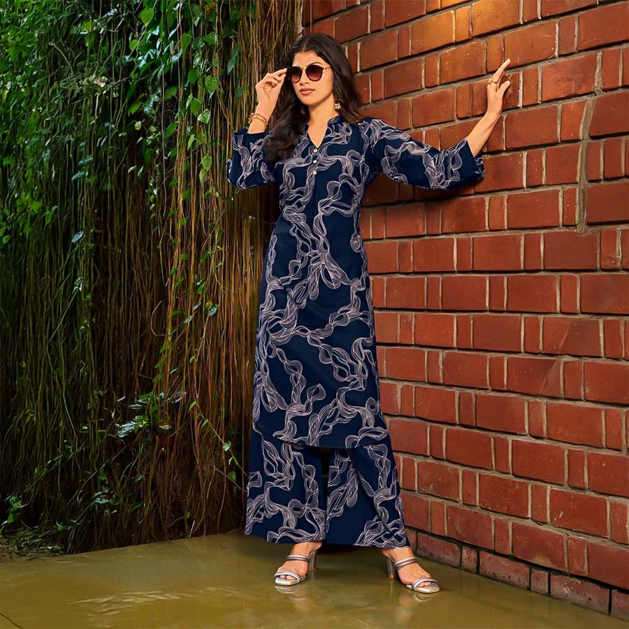 Blue Cotton Flex Printed Kurti