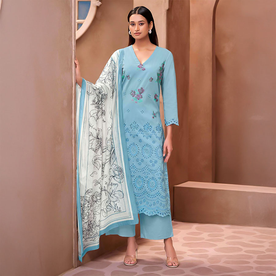 Blue Cotton Lawn  Party Wear Salwar Kameez