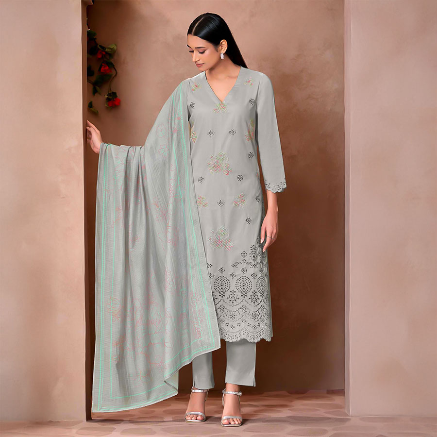 Grey Cotton Lawn  Party Wear Salwar Kameez