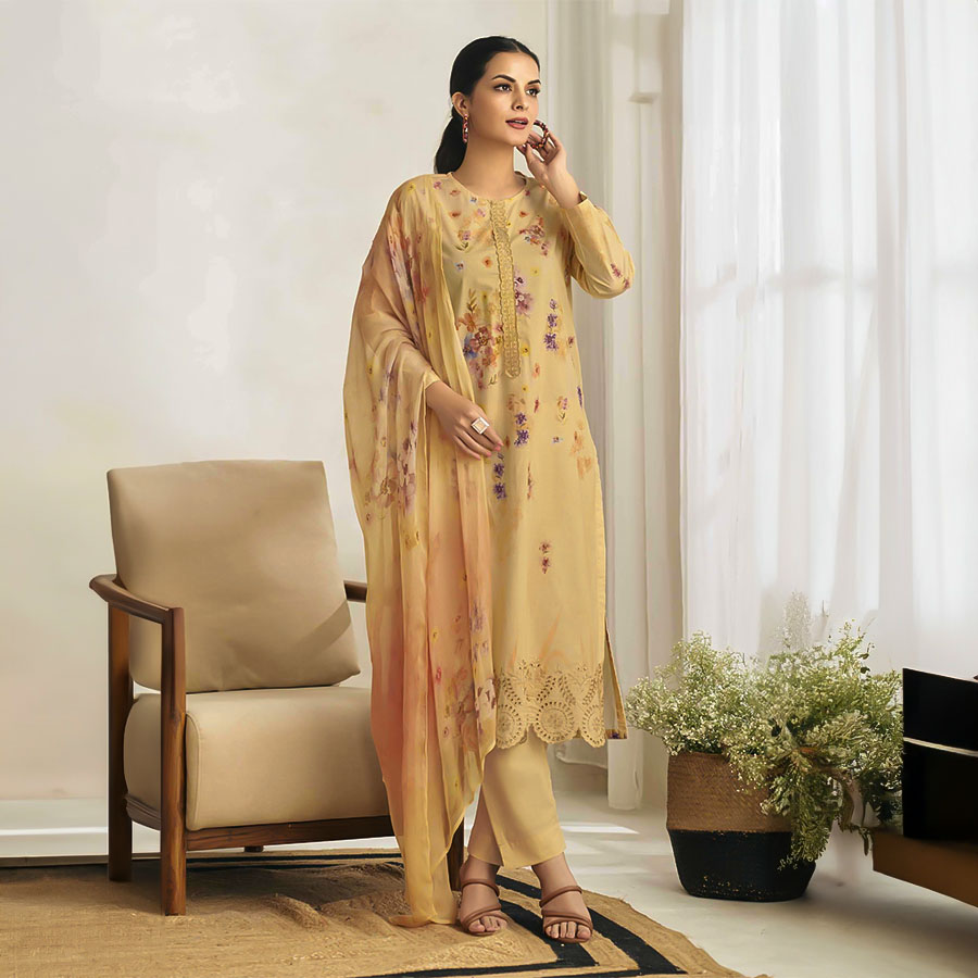 Yellow  Cotton Lawn Casual Wear Salwar Kameez