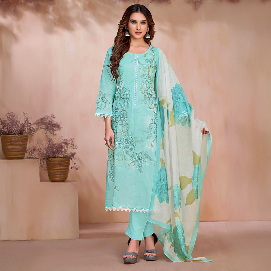 Sky Blue Cotton Linen Party Wear Salwar Kameez