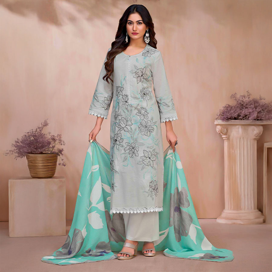 Grey  Cotton Linen Party Wear Salwar Kameez