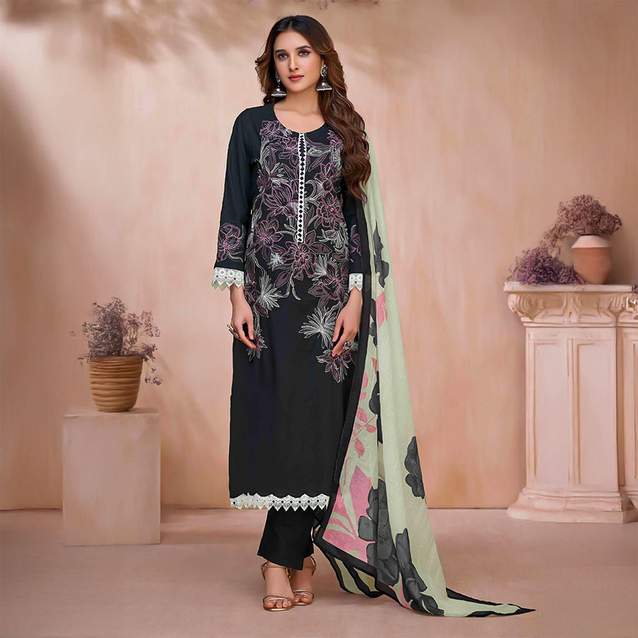 Black  Cotton Linen Party Wear Salwar Kameez