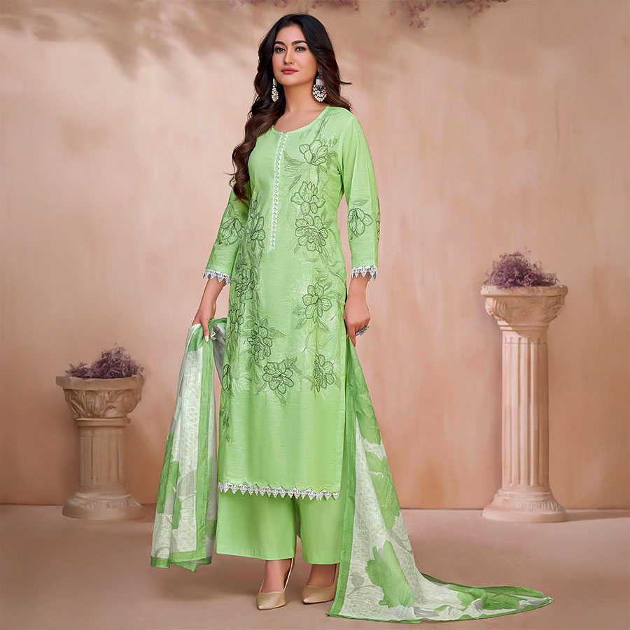 Green  Cotton Linen Party Wear Salwar Kameez