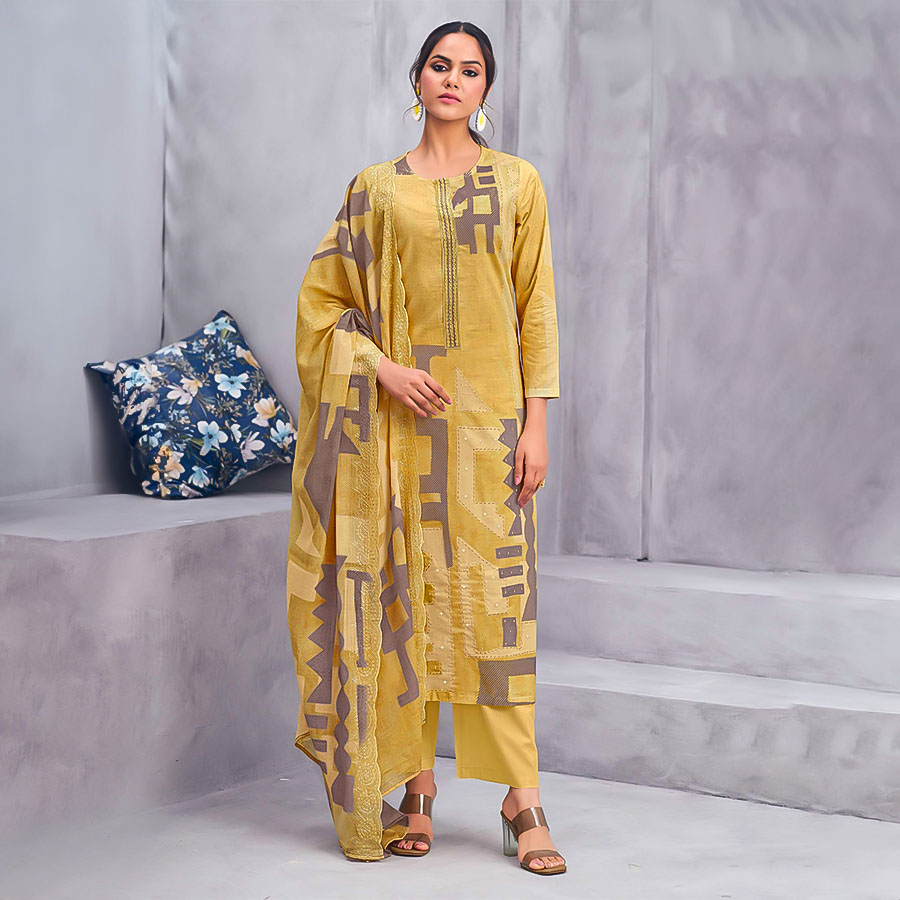 Yellow  Cotton Lawn Casual Wear Salwar Kameez