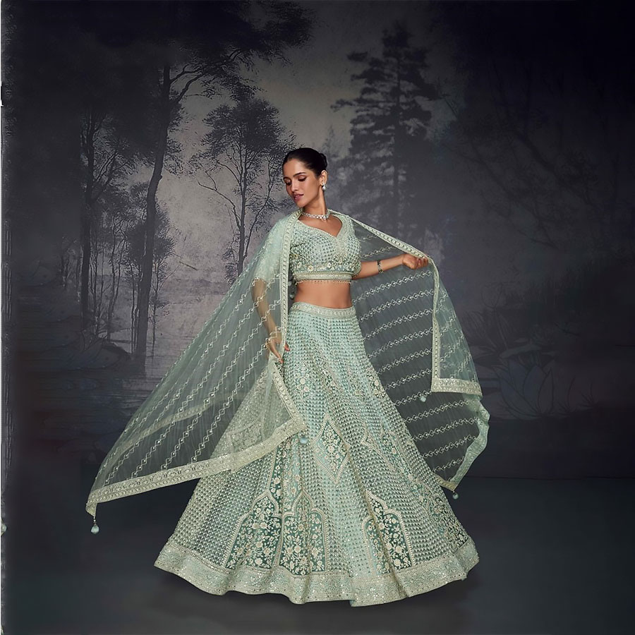 Green Net Designer Lehenga